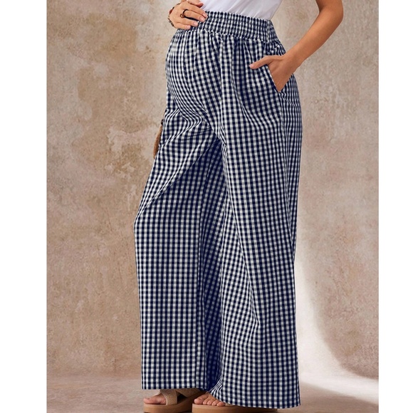 Maternity Plaid Print High Waisted Wide leg Lounge Pants - Picture 1 of 6
